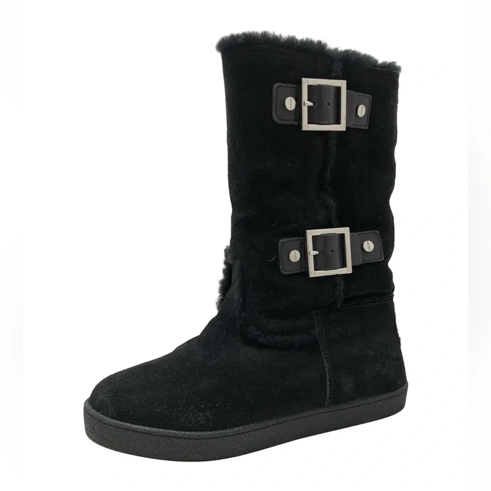 Tory Burch Black Suede Shearling-Lined‎ Buckle Ankle Boots